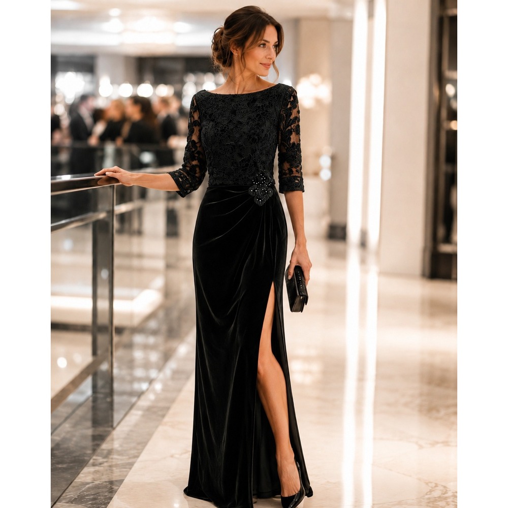 Marchesa Black Velvet Gown Cutwork Floral Embroidered Side Slit Sz 6